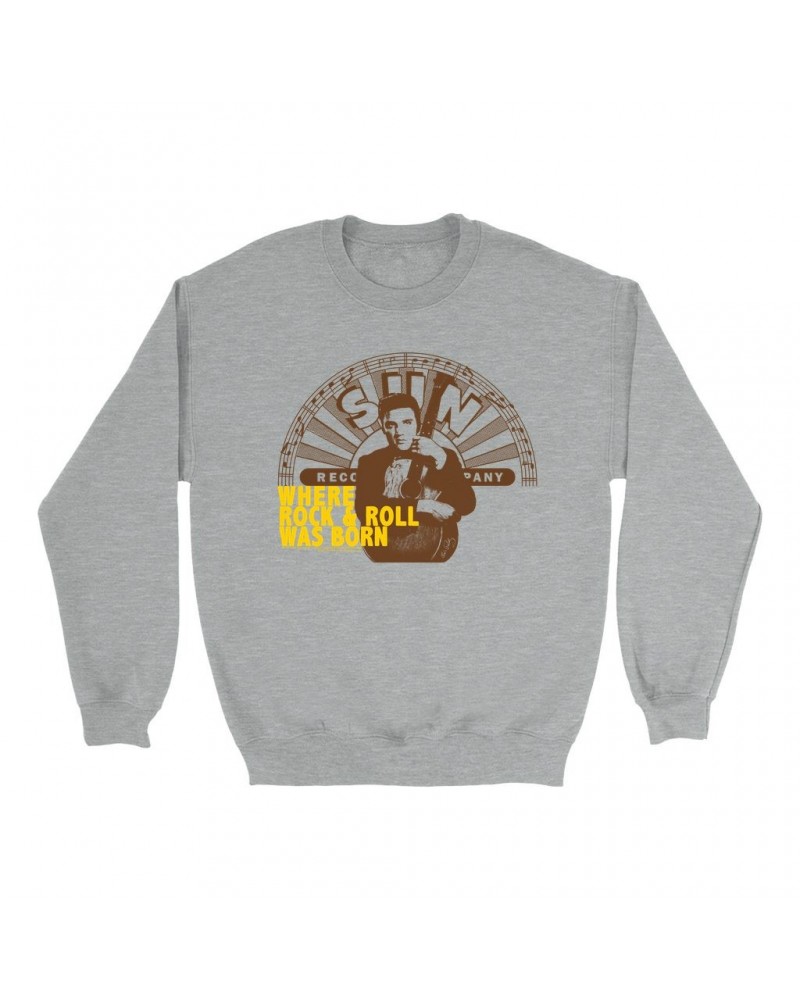 Elvis Presley Sweatshirt | Where Rock N' Roll Began Yellow Distressed Sweatshirt $10.83 Sweatshirts