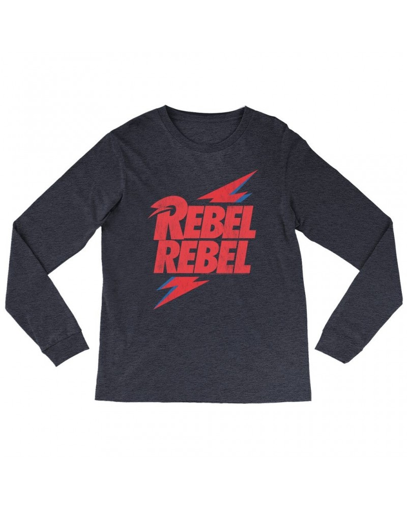 David Bowie Heather Long Sleeve Shirt | Rebel Rebel Lightning Bolt Distressed Shirt $9.28 Shirts