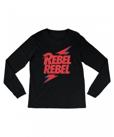 David Bowie Heather Long Sleeve Shirt | Rebel Rebel Lightning Bolt Distressed Shirt $9.28 Shirts