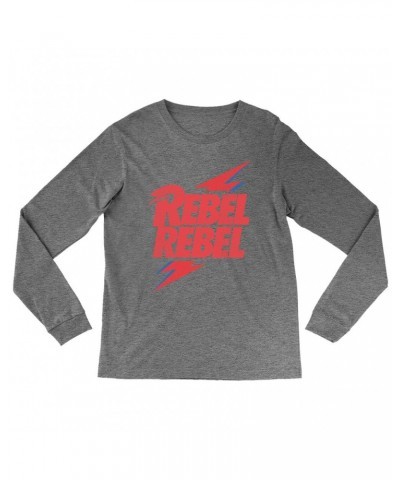 David Bowie Heather Long Sleeve Shirt | Rebel Rebel Lightning Bolt Distressed Shirt $9.28 Shirts